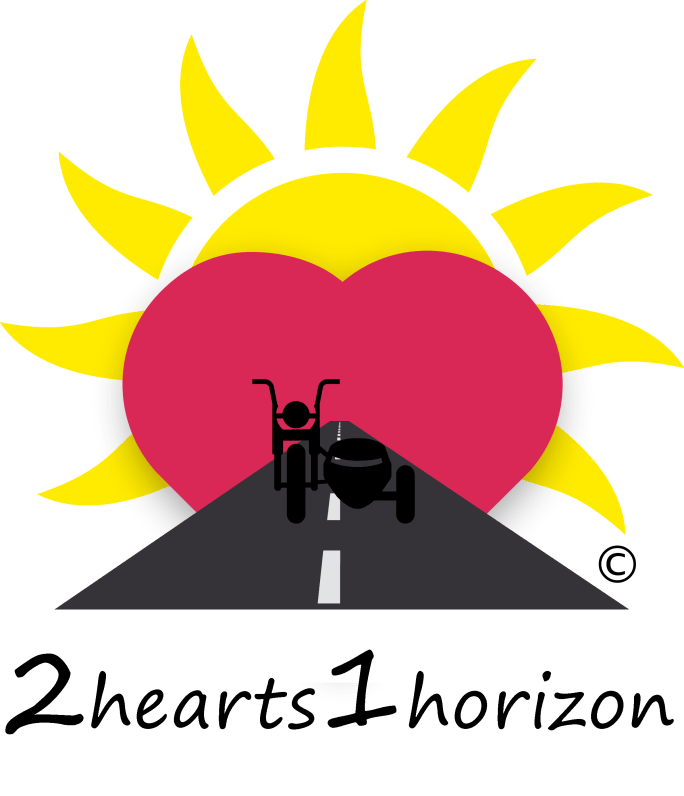 2hearts1horizon logo. Sun, heart, motorcycle sidecar, road, text.