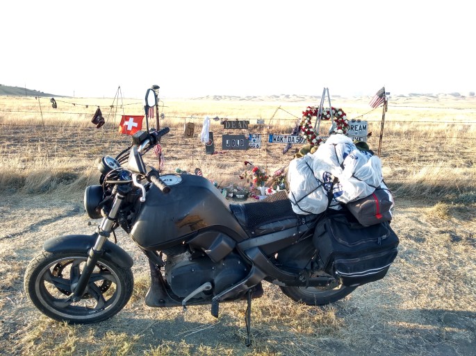 Buell Blast motorcycle parked in front of James Dean memorial