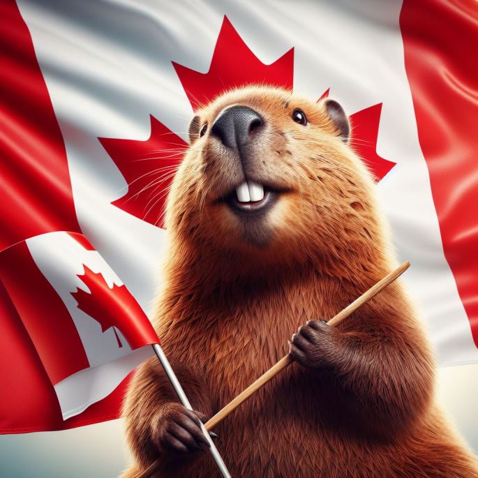 beaver holding stick and waving a Canadian flag with maple leaf in background