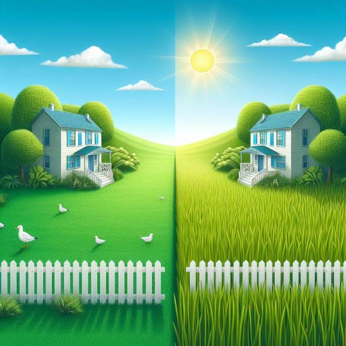 two identical houses with identical trees and clouds in background. One has green, short grass, the other has green tall grass, slightly yellow because of dappled sunlight.