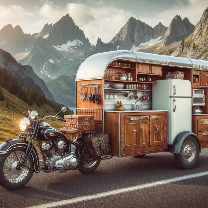 a 1940' aera Harley motorcycle sits on a mountain road, with wicker basket trunk and leather saddlebags. Behind it is a 1950's style trailer that looks like a kitchen, complete with refrigerator, microwave, cupboards, sink, counters, an dishes and glasses hanging from racks or sitting on shelves.