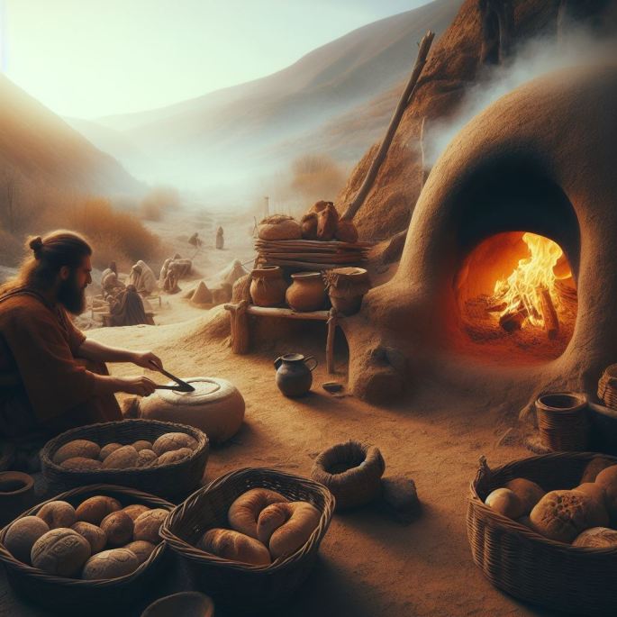 long haired, bearded man uses hand tools to mill grain in a mountainous, arid environment. A large clay oven has a wood fire burning, while baskets full of different loaves of bread sit on all sides with pots and other clay pitchers