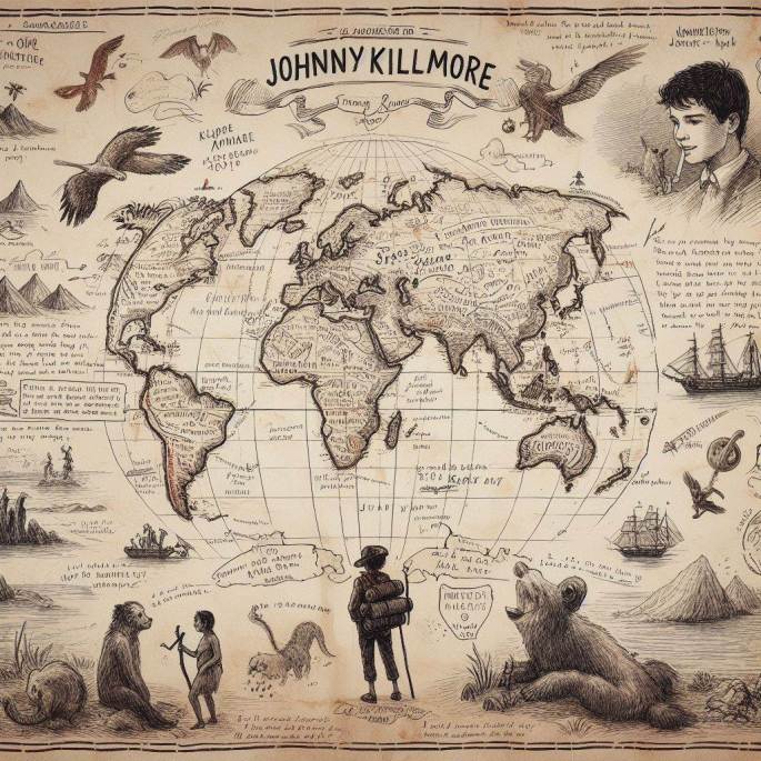 rendering of a paper map of the earth, in an old-time style, with drawings of strange birds, mammals, people, and mountains in the margins. many words appear to be scrawled on the map as notes.