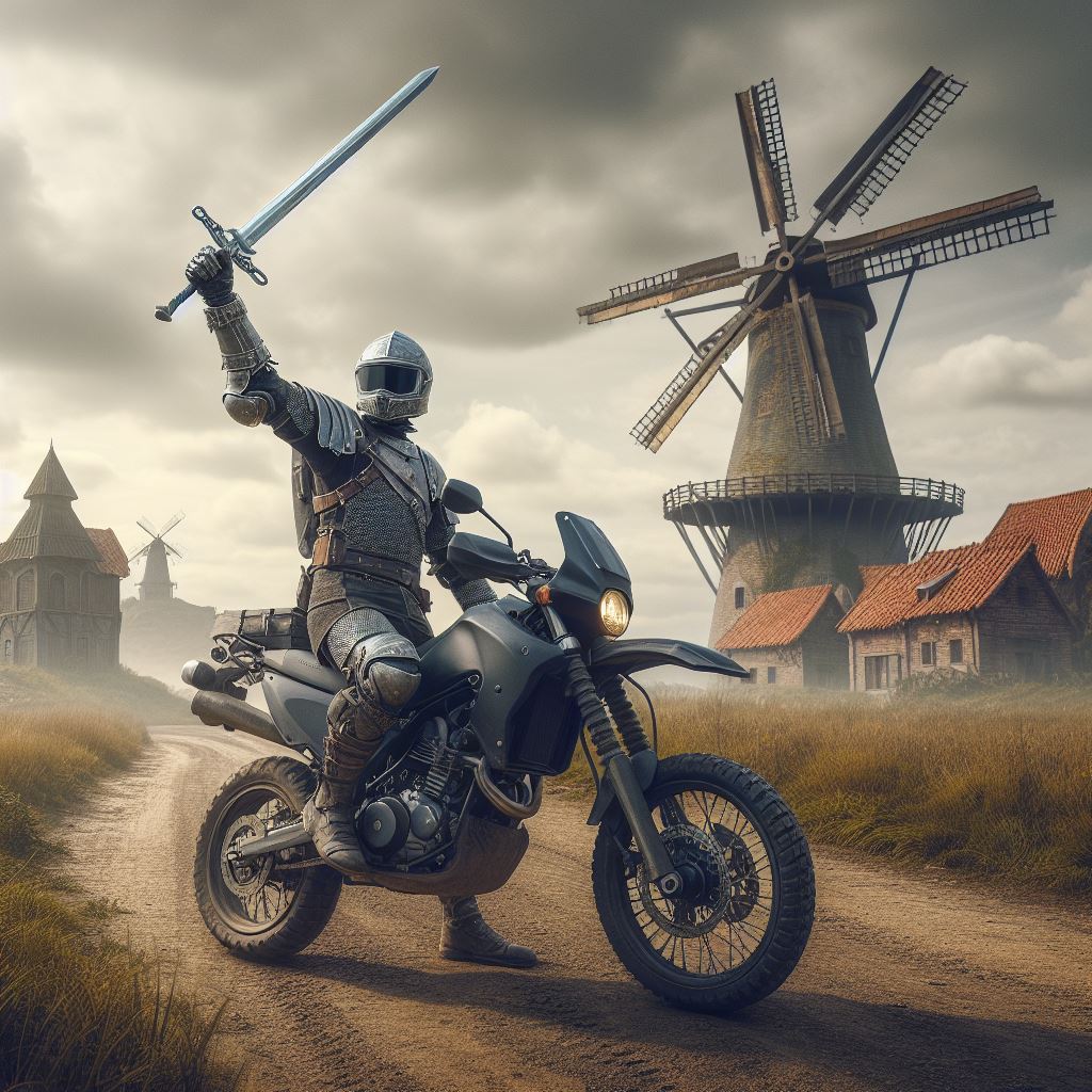 a sort of armored knight or warrior on a black dirt bike holds a sword abot his head in challenge or in triumph, with windmills and old building in a hazy background, with a gray and overcast sky above