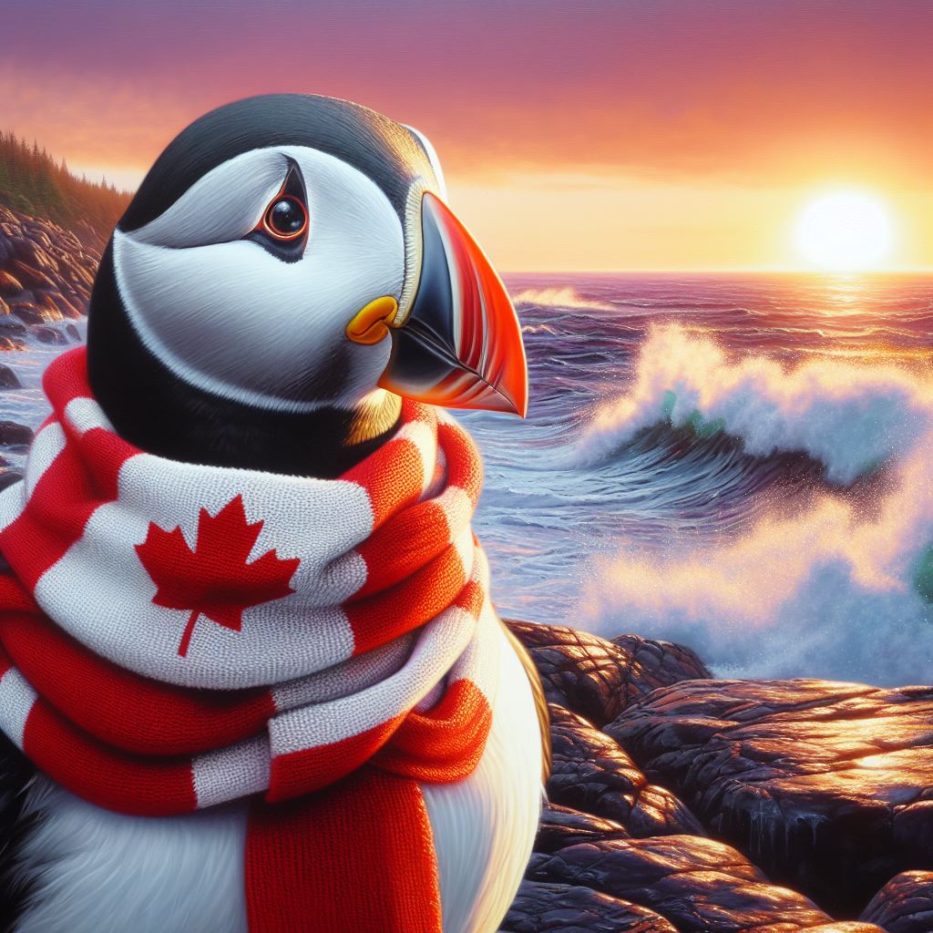 puffin wearing canada flag scarf standing on a rocky coastline at sunset