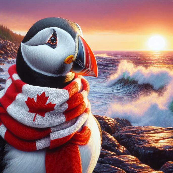puffin wearing canada flag scarf standing on a rocky coastline at sunset