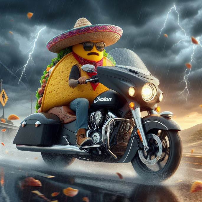 A.I. generated image of a taco riding an Indian cruiser motorcycle wearing a sombrero and shades. It is raining and lightning is in the background. It is also raining tacos