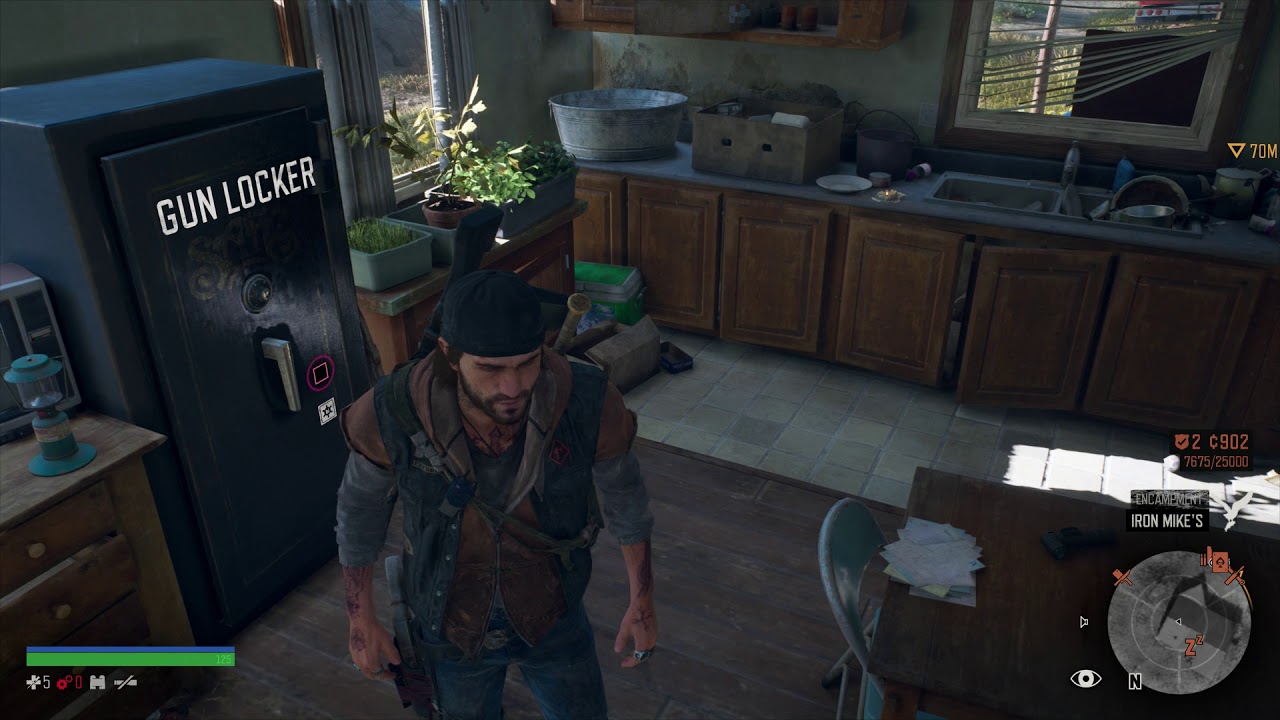 in game screenshot of Days Gone video game, in a save house with gun locker in background