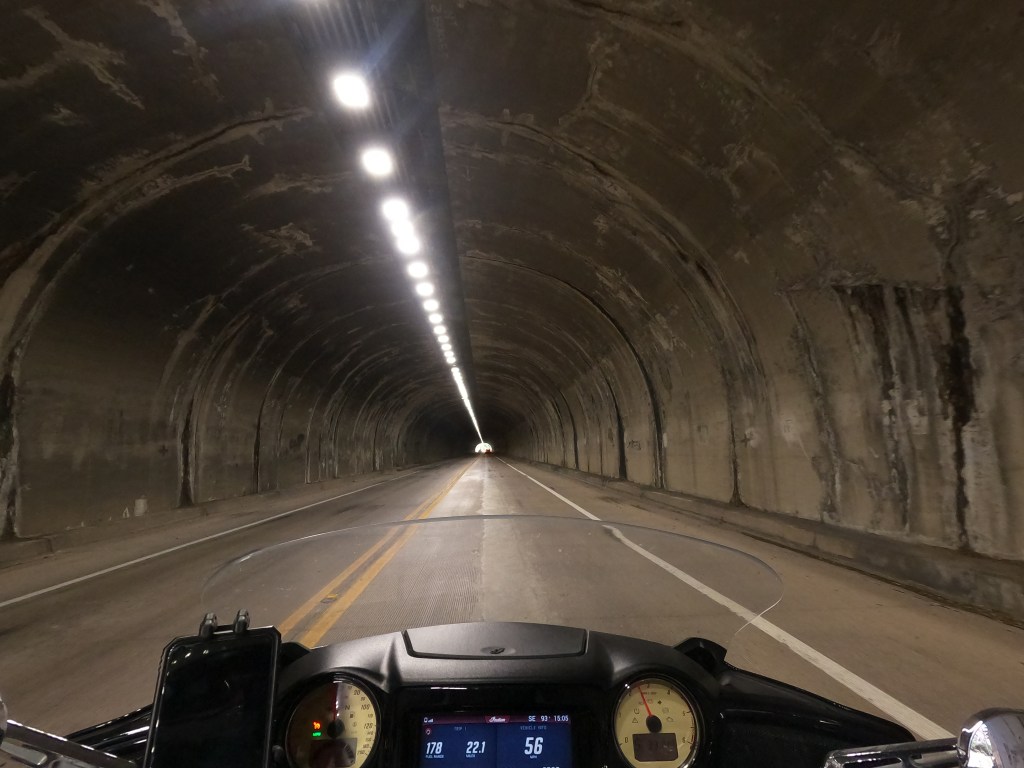 POV of motorcycle riding through a tunnel in the Mule Mountains of southern Arizona