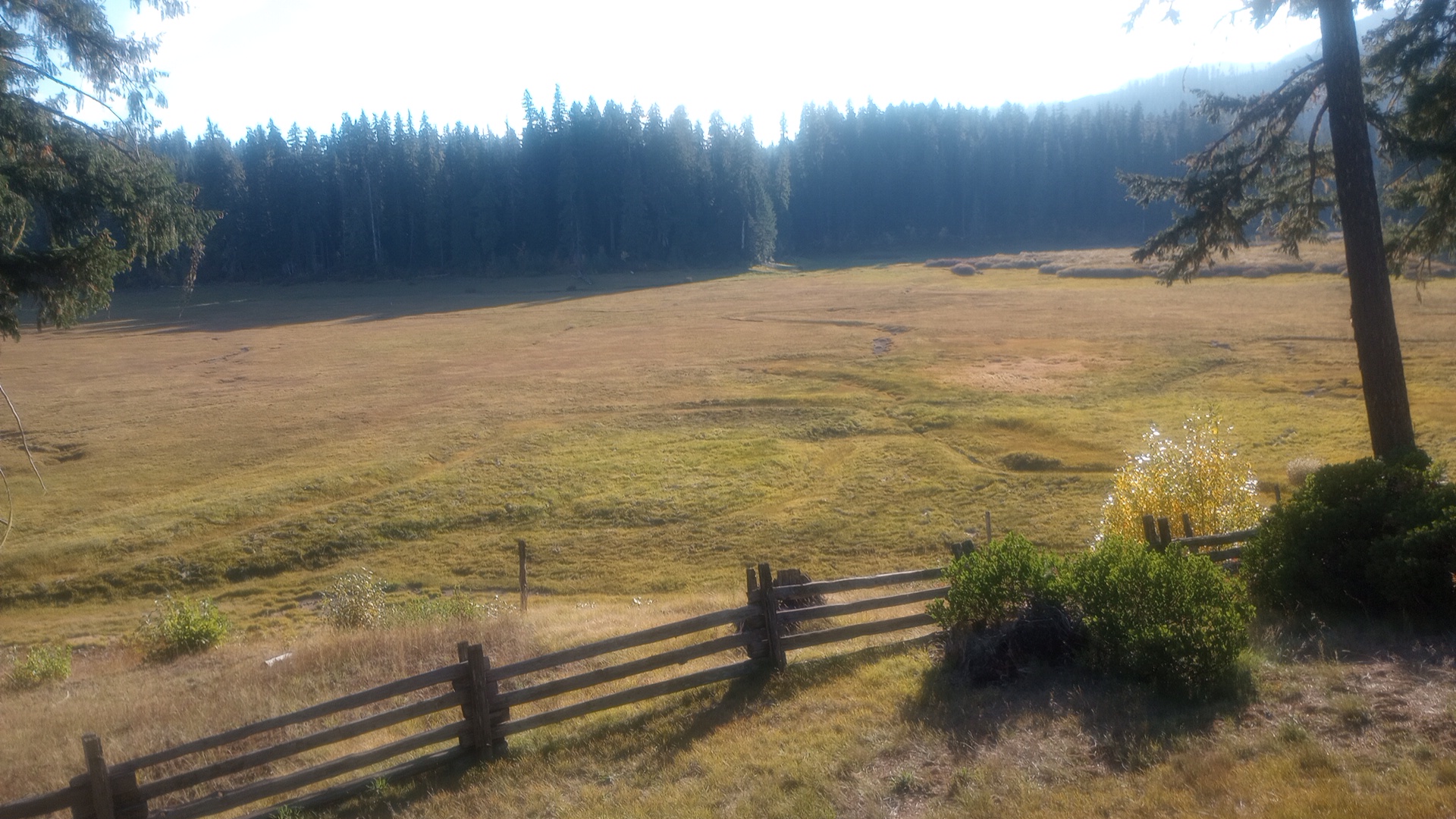 View from the porch of a 1905 workers cabin in Oregon, near fish lake. The lake ia dry and is a grassy meadow with faint lines of still streams that will fill the river come winter. An old log fence is in the foregtound