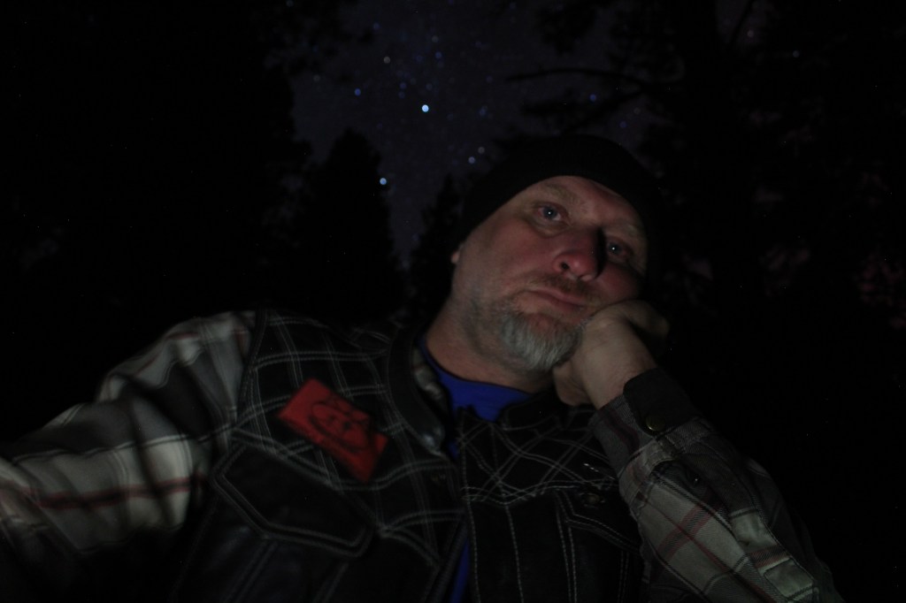 The author looks into the camera at night, with the shadows of dtrees and dozens of bright stars as the background