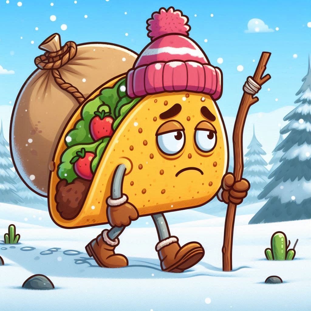 A cartoon taco with a knit cap walks through a winter landscape, tired and dejected, with a large bundle on its back and a walking stick.