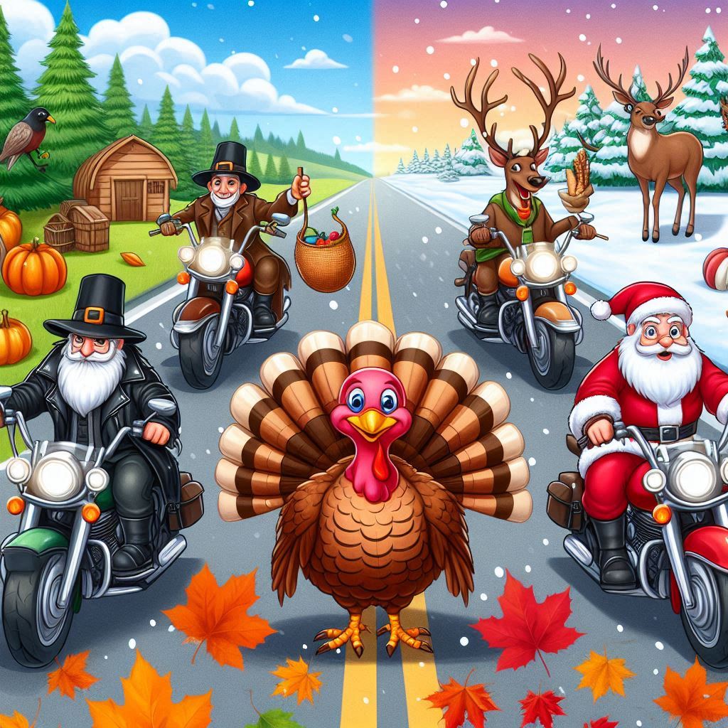 a cartoon scene of fall and winter characters riding motorcycles down a road that is split between fall and winter scenes. Santa, turkey, reindeer, pumpkins, pilgrims, and fall leaves all feature prominently while all characters are smiling