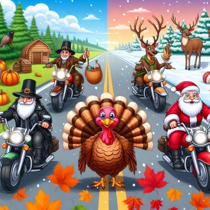 a cartoon scene of fall and winter characters riding motorcycles down a road that is split between fall and winter scenes. Santa, turkey, reindeer, pumpkins, pilgrims, and fall leaves all feature prominently while all characters are smiling