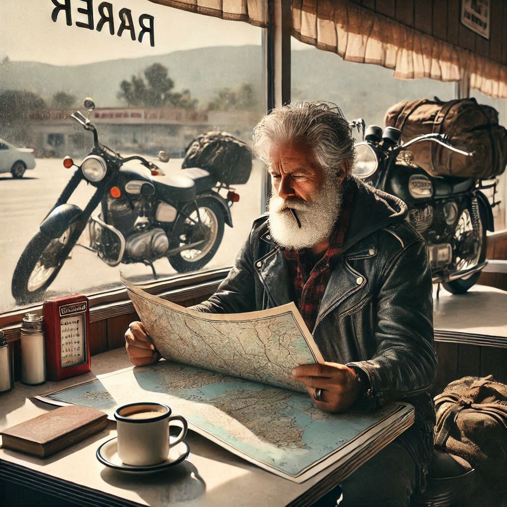 AI rendering of a frizzled veteran motorcylce with thick white hair and long beard. He sits in a diner, staring intently at a map, cigarette hanging from his mouth. Coffee steams in a nearby cup, and a vintage motorcycle sits outside the window, packed with gear.