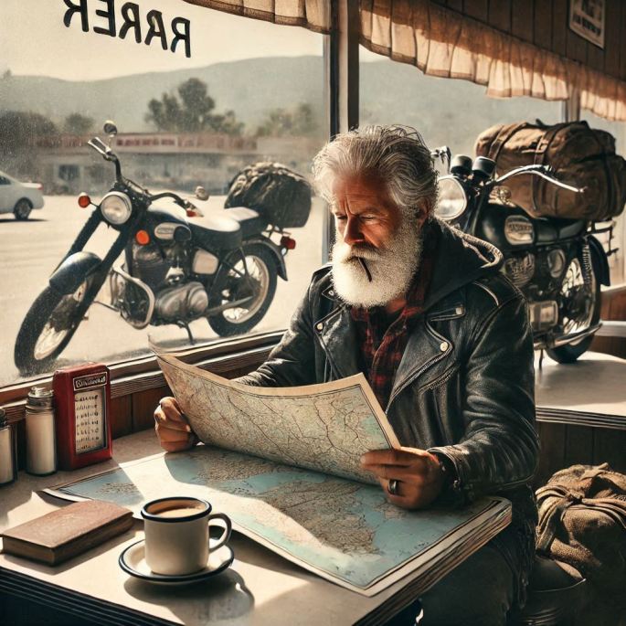 AI rendering of a frizzled veteran motorcylce with thick white hair and long beard. He sits in a diner, staring intently at a map, cigarette hanging from his mouth. Coffee steams in a nearby cup, and a vintage motorcycle sits outside the window, packed with gear.