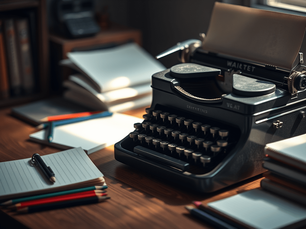 typewriter on desk with notepads and pencils SOC
