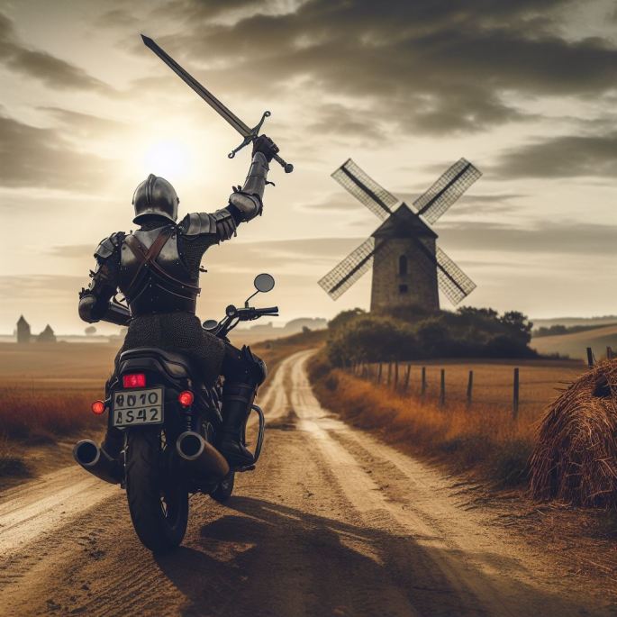 A.I. image of a motorcyclist, in full knight's armor, raising a sword above his head and charging down a dirt road toward a windmill in the near distance.