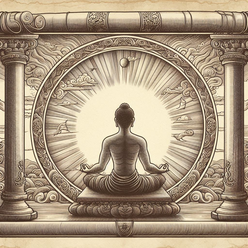 pencil style drawing of a meditating person in front of a sun-like dias