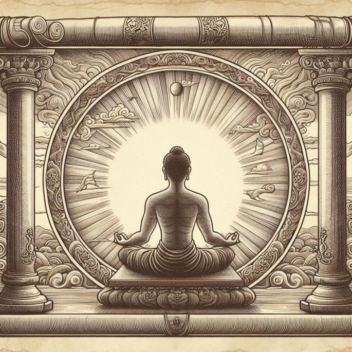 pencil style drawing of a meditating person in front of a sun-like dias