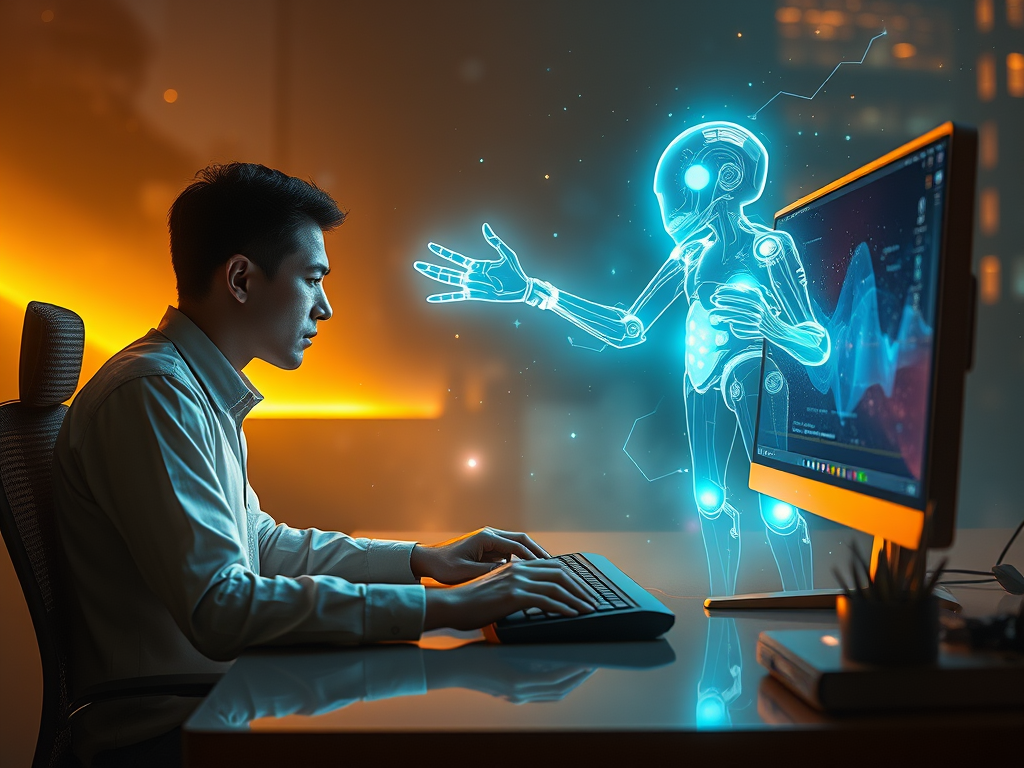 person sitting at a computer console as a being of light comes out of the screen