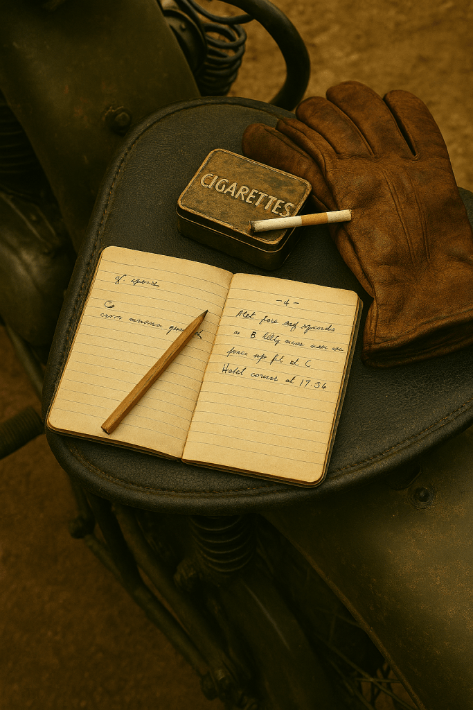A.I. rendering of a paper journal, pencil, cigarette tin, and gloves resting on a motorcycle seat