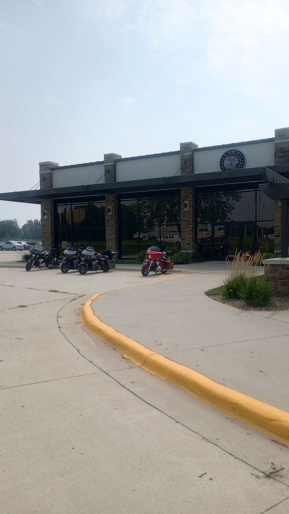 ront of the Indian Motorcycle factory in Spirit Lake Iowa