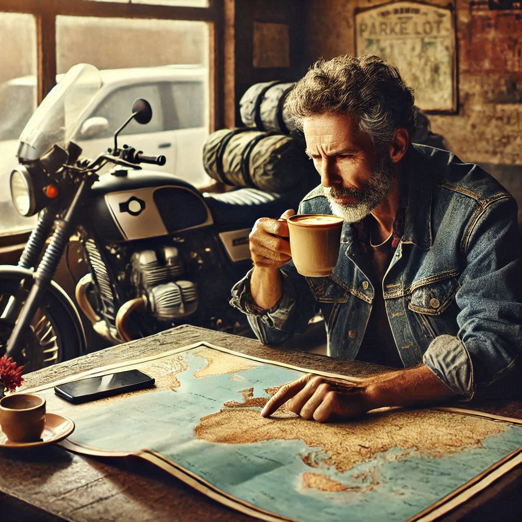 A.I. drawing of a person sitting in a quiet diner, sipping a steaming cup of coffee. A map is spread out on the table. A motorcycle is parked inside the diner next to the table. backed with bedrolls and luggage.